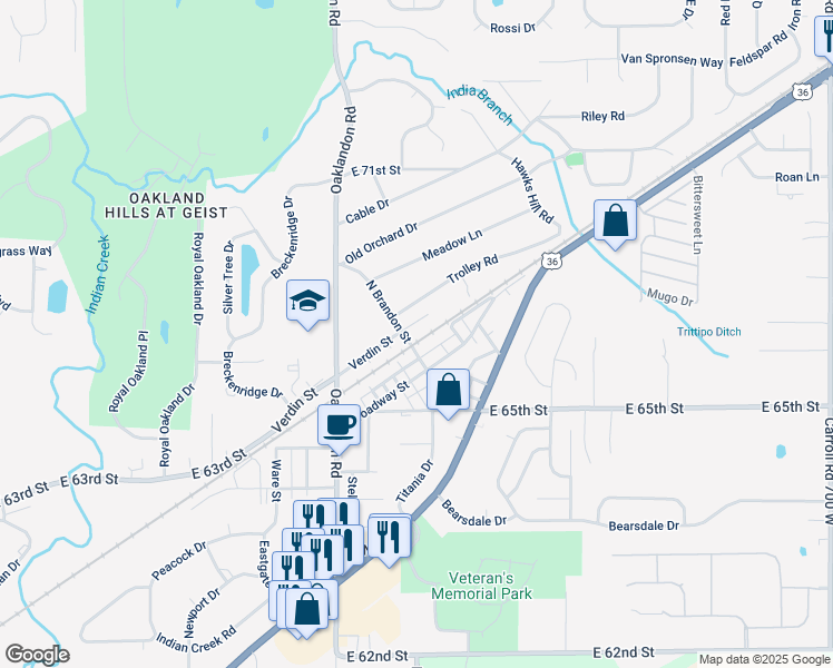map of restaurants, bars, coffee shops, grocery stores, and more near 11941 Verdin Street in Indianapolis