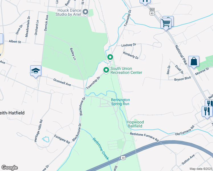 map of restaurants, bars, coffee shops, grocery stores, and more near 219 Longsite Drive in Uniontown