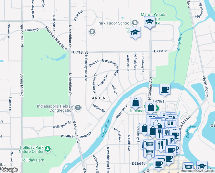 map of restaurants, bars, coffee shops, grocery stores, and more near 7070 Washington Boulevard West in Indianapolis