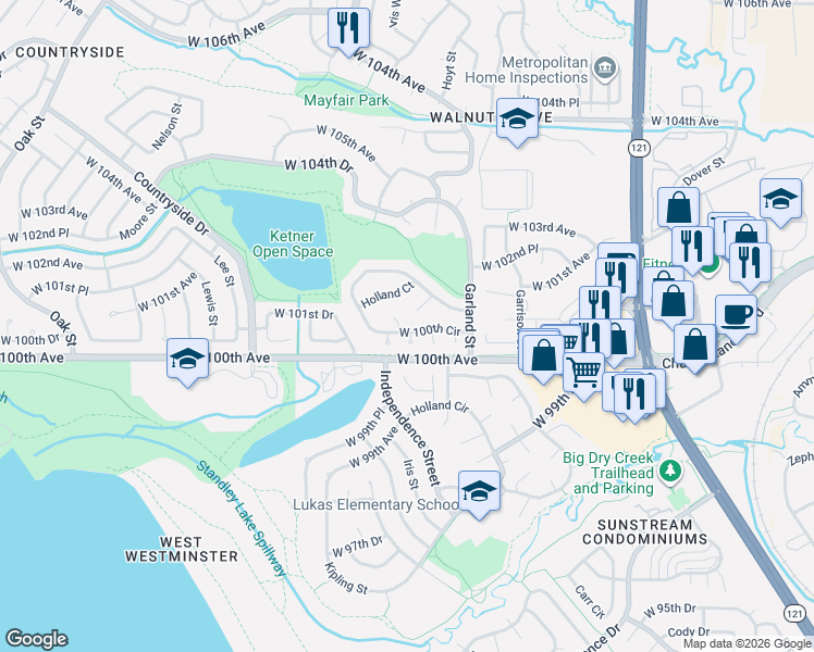 map of restaurants, bars, coffee shops, grocery stores, and more near 9230 West 100th Circle in Westminster