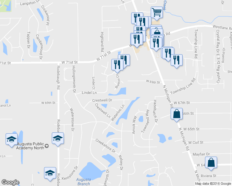 map of restaurants, bars, coffee shops, grocery stores, and more near 6807 Bretton Cir in Indianapolis