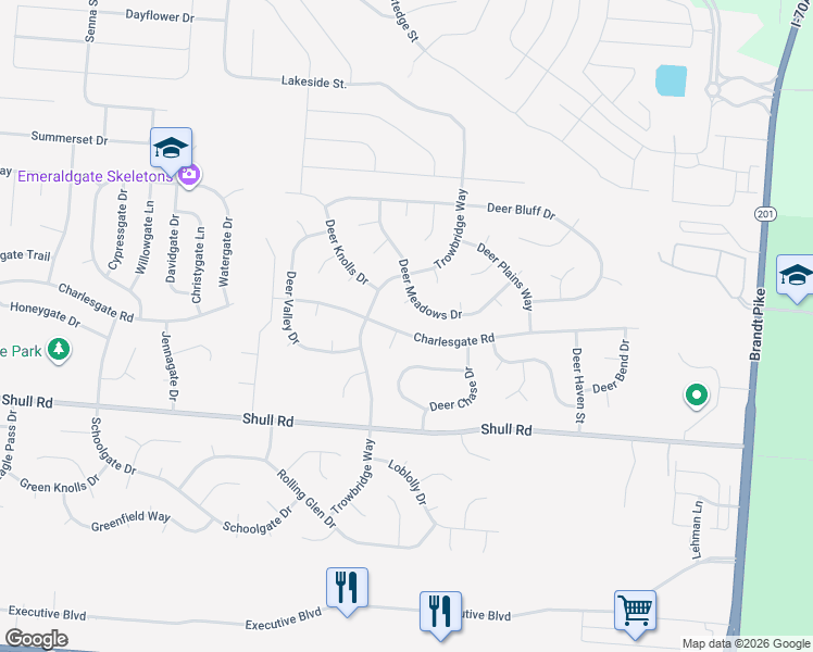 map of restaurants, bars, coffee shops, grocery stores, and more near 6657 Charlesgate Road in Huber Heights