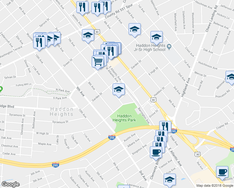 map of restaurants, bars, coffee shops, grocery stores, and more near 620 Sycamore Terrace in Haddon Heights