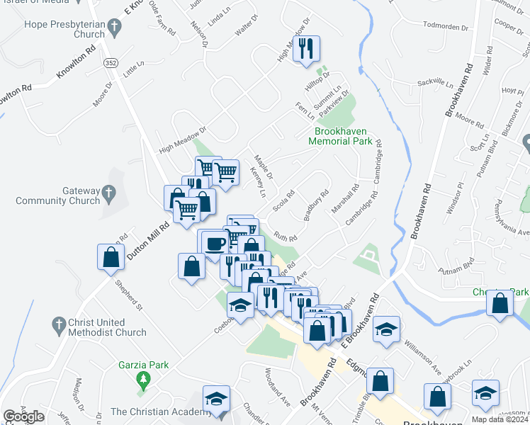 map of restaurants, bars, coffee shops, grocery stores, and more near 386 Scola Road in Brookhaven