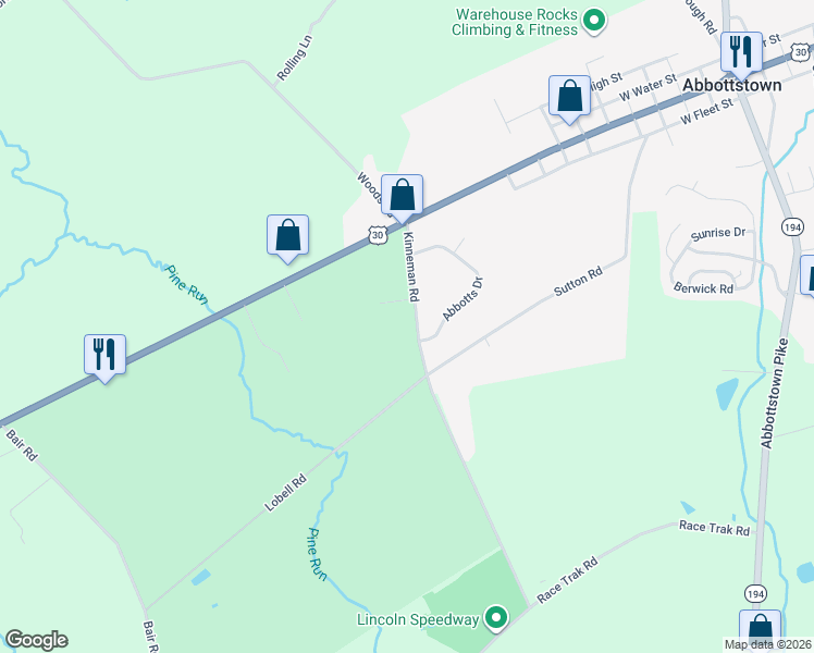 map of restaurants, bars, coffee shops, grocery stores, and more near 105 Kinneman Road in Abbottstown