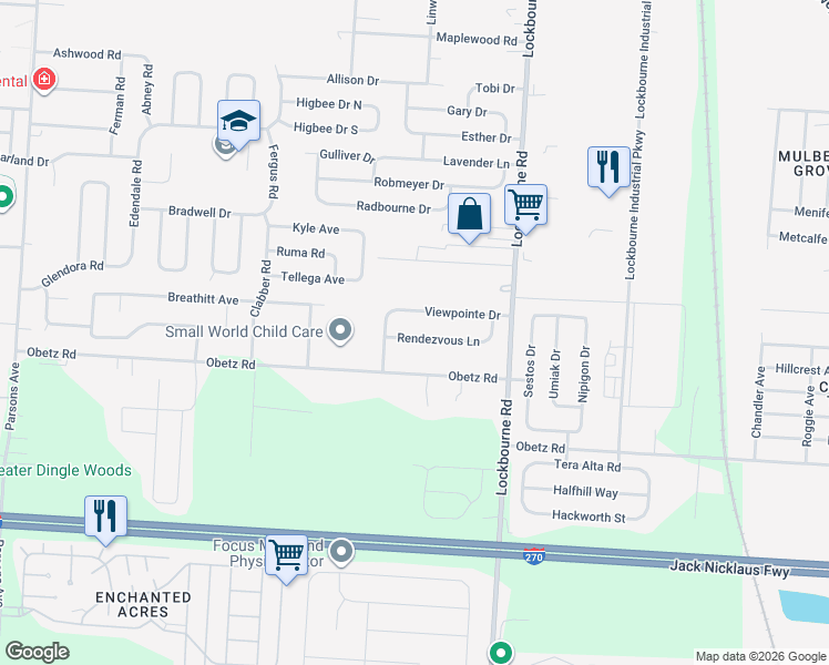 map of restaurants, bars, coffee shops, grocery stores, and more near 1082 Rendezvous Lane in Columbus