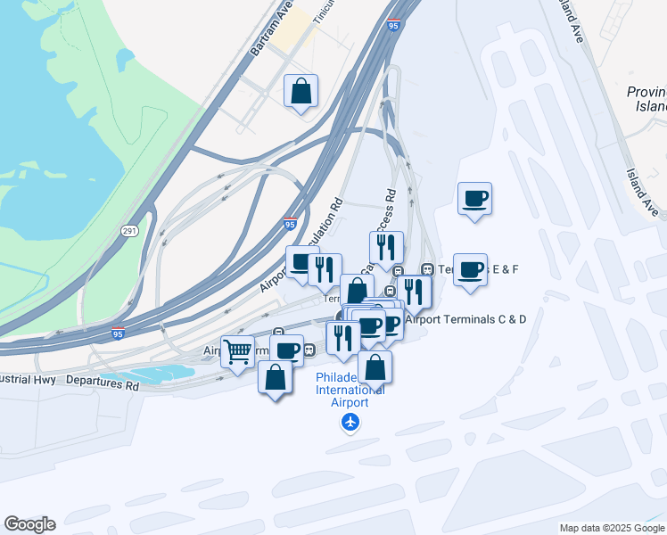 map of restaurants, bars, coffee shops, grocery stores, and more near 1 Garage Access Road in Philadelphia