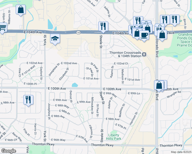 map of restaurants, bars, coffee shops, grocery stores, and more near 10117 Saint Paul Street in Thornton