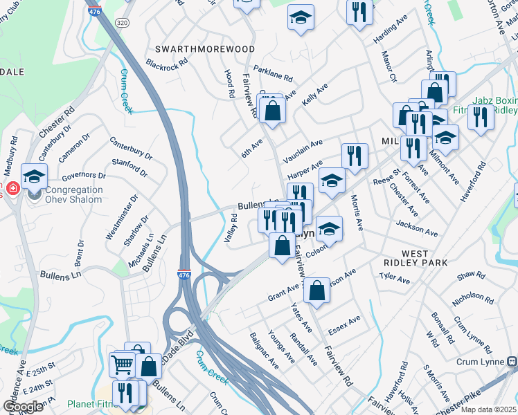 map of restaurants, bars, coffee shops, grocery stores, and more near 1316 Bullens Lane in Woodlyn