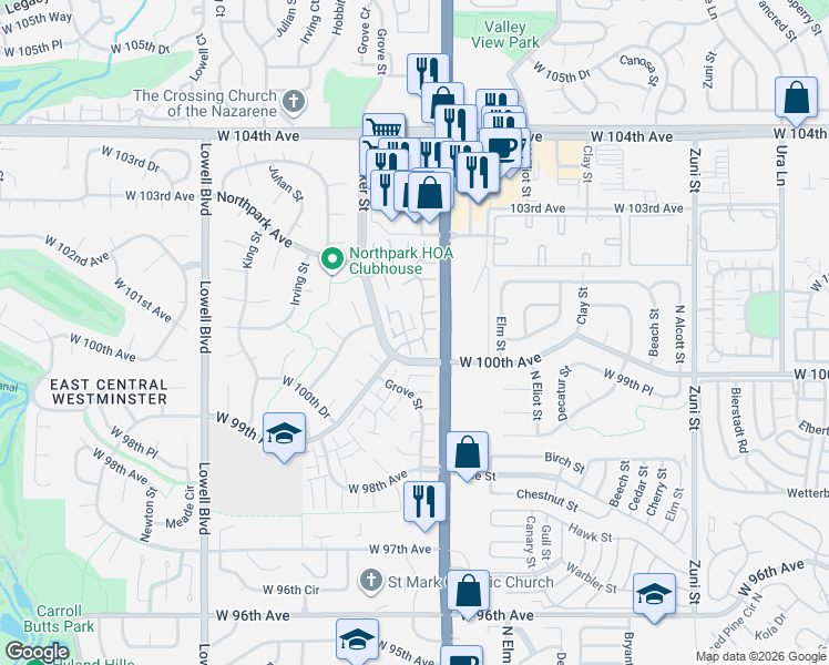 map of restaurants, bars, coffee shops, grocery stores, and more near 10047 Grove Court in Westminster
