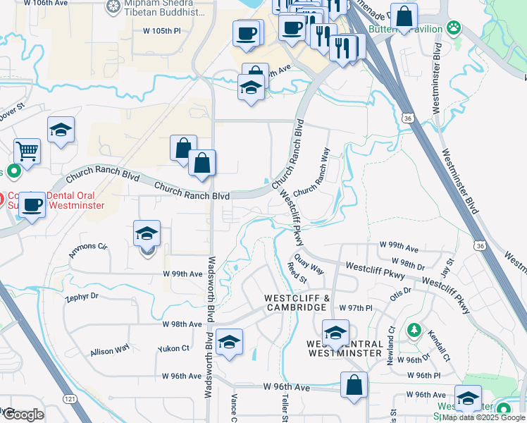map of restaurants, bars, coffee shops, grocery stores, and more near 7402 Church Ranch Boulevard in Westminster
