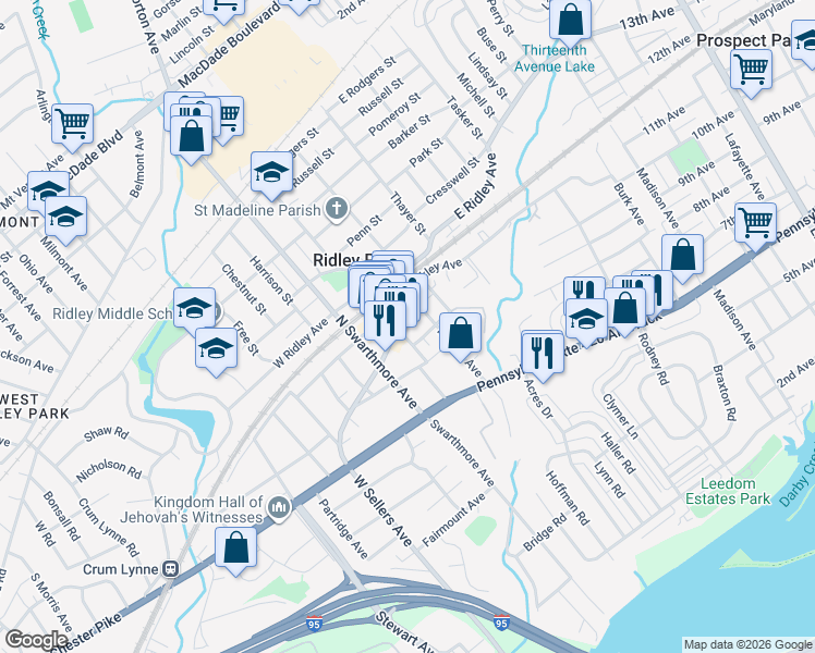 map of restaurants, bars, coffee shops, grocery stores, and more near 11 North Swarthmore Avenue in Ridley Park