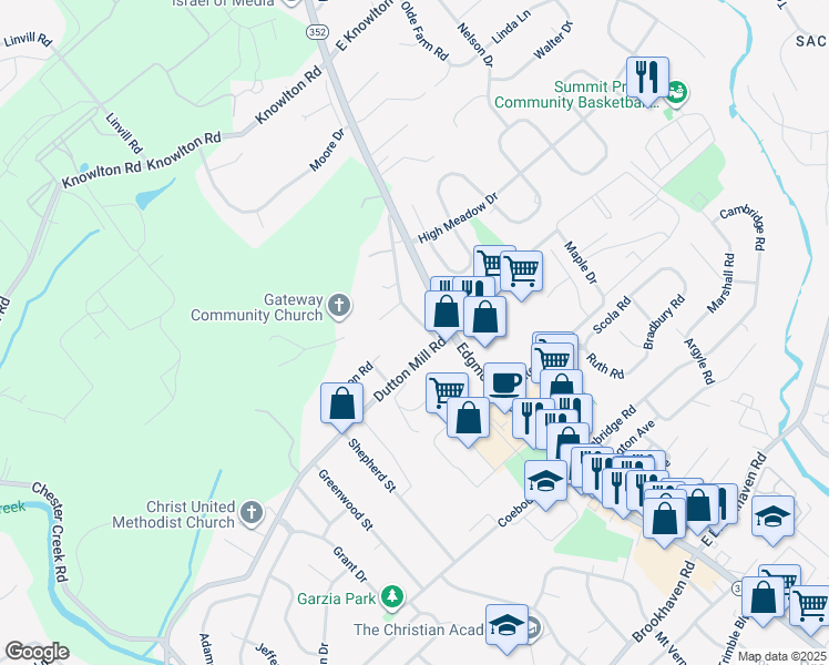 map of restaurants, bars, coffee shops, grocery stores, and more near 736 South Old Middletown Road in Media