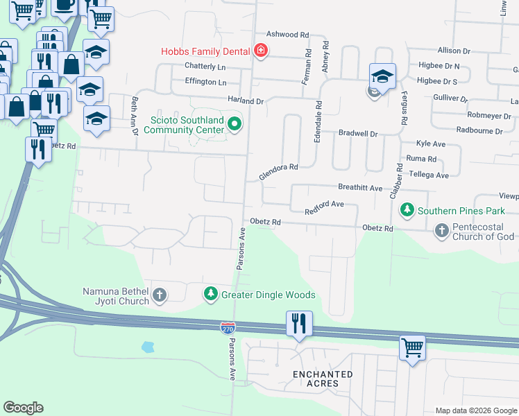 map of restaurants, bars, coffee shops, grocery stores, and more near 4024 Parsons Avenue in Columbus