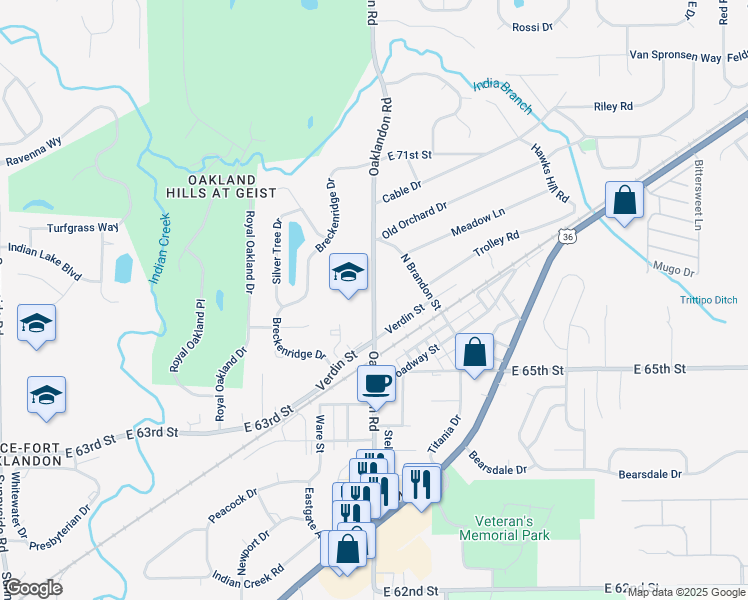 map of restaurants, bars, coffee shops, grocery stores, and more near 6702 Oaklandon Road in Indianapolis