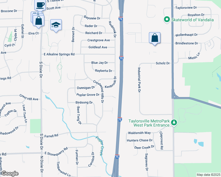 map of restaurants, bars, coffee shops, grocery stores, and more near 1035 Kenbrook Drive in Vandalia