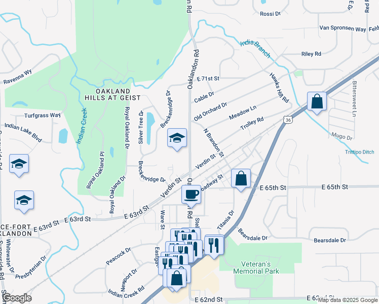 map of restaurants, bars, coffee shops, grocery stores, and more near 6702 Oaklandon Road in Indianapolis