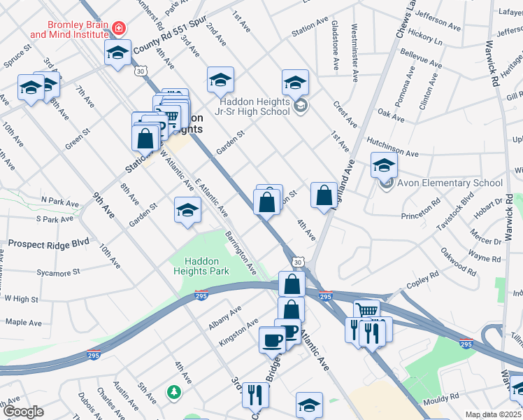 map of restaurants, bars, coffee shops, grocery stores, and more near 425 White Horse Pike in Haddon Heights