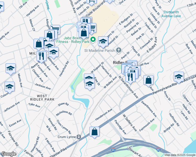 map of restaurants, bars, coffee shops, grocery stores, and more near 403 Free Street in Ridley Park