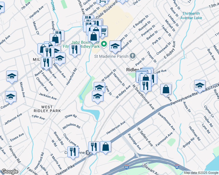 map of restaurants, bars, coffee shops, grocery stores, and more near 403 Free Street in Ridley Park