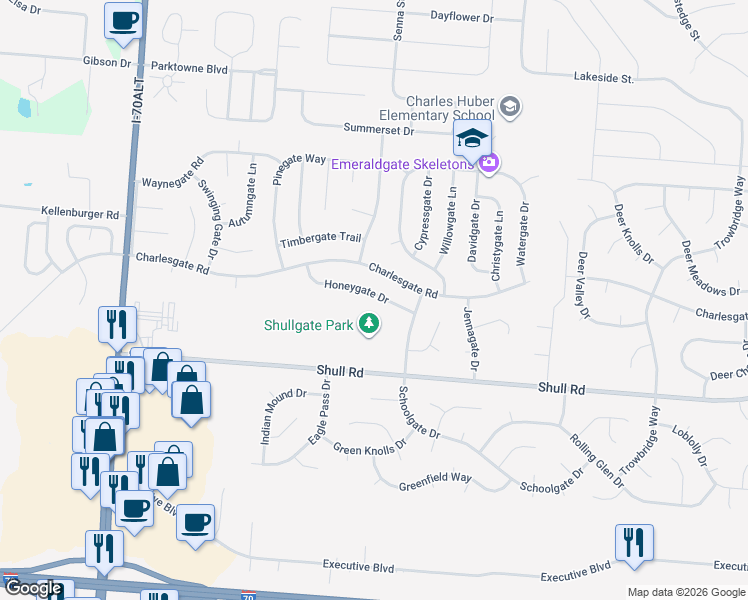 map of restaurants, bars, coffee shops, grocery stores, and more near 6120 Honeygate Drive in Dayton