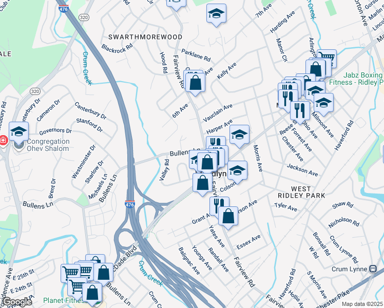 map of restaurants, bars, coffee shops, grocery stores, and more near 1304 Bullens Lane in Woodlyn