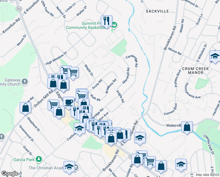 map of restaurants, bars, coffee shops, grocery stores, and more near 134 Bradbury Road in Brookhaven