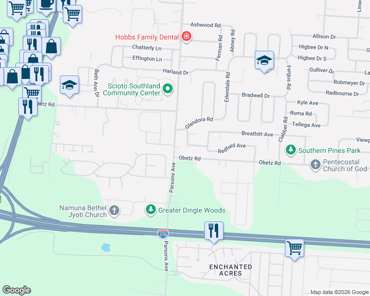 map of restaurants, bars, coffee shops, grocery stores, and more near 4024 Parsons Avenue in Columbus