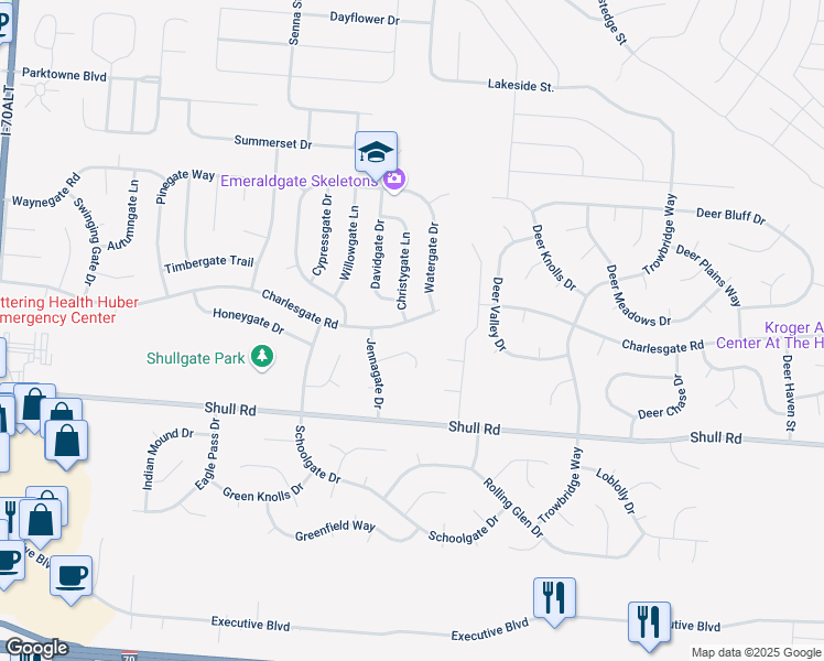 map of restaurants, bars, coffee shops, grocery stores, and more near 8051 Terrygate Court in Dayton