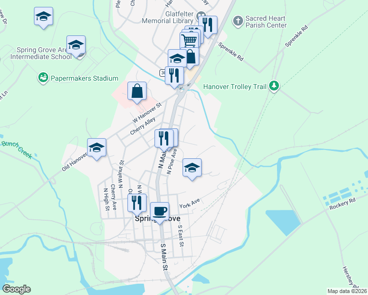 map of restaurants, bars, coffee shops, grocery stores, and more near 113 High Pointe Drive in Spring Grove