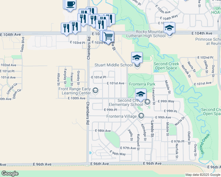 map of restaurants, bars, coffee shops, grocery stores, and more near 10066 Helena Street in Commerce City