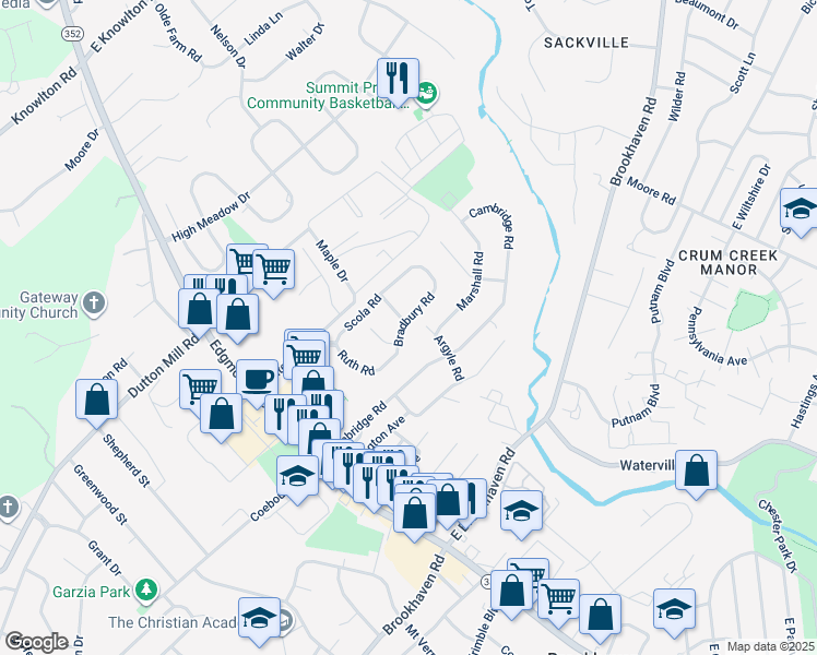 map of restaurants, bars, coffee shops, grocery stores, and more near 134 Bradbury Road in Brookhaven
