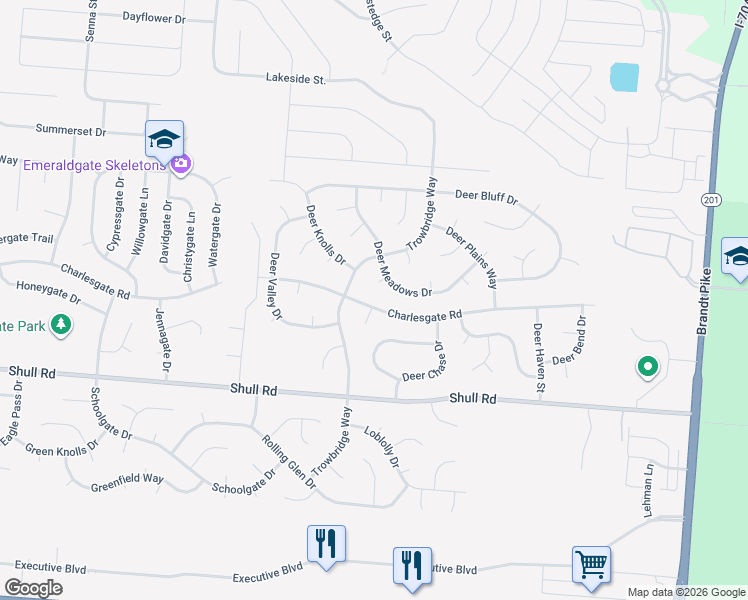 map of restaurants, bars, coffee shops, grocery stores, and more near 6657 Charlesgate Road in Huber Heights