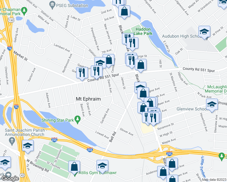 map of restaurants, bars, coffee shops, grocery stores, and more near 128 Gloucester Avenue in Mount Ephraim