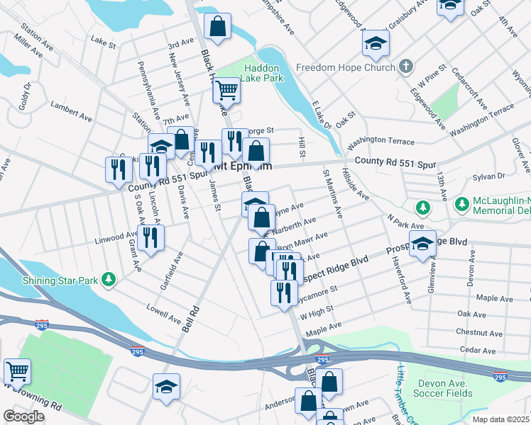 map of restaurants, bars, coffee shops, grocery stores, and more near 2026 Wayne Avenue in Haddon Heights
