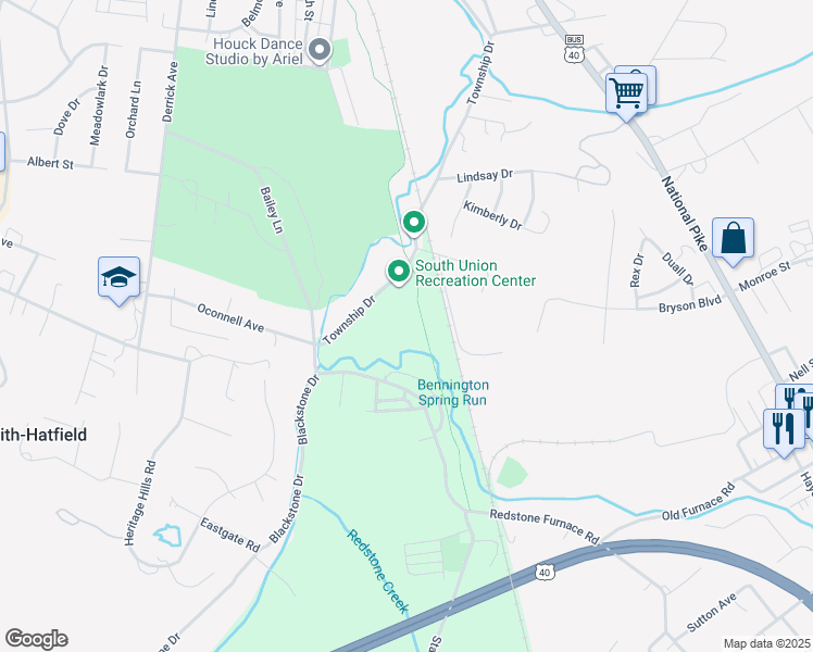 map of restaurants, bars, coffee shops, grocery stores, and more near 219 Longsite Drive in Uniontown