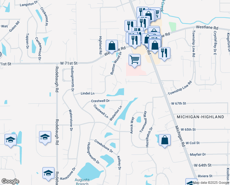 map of restaurants, bars, coffee shops, grocery stores, and more near 6807 Bretton Circle in Indianapolis