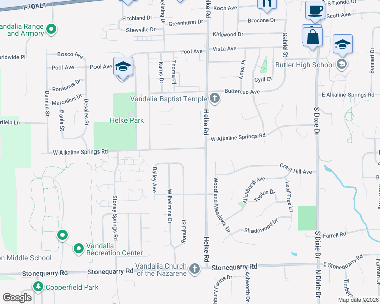 map of restaurants, bars, coffee shops, grocery stores, and more near 646 West Alkaline Springs Road in Vandalia