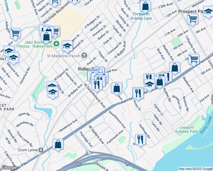 map of restaurants, bars, coffee shops, grocery stores, and more near 100 Morton Avenue in Ridley Park