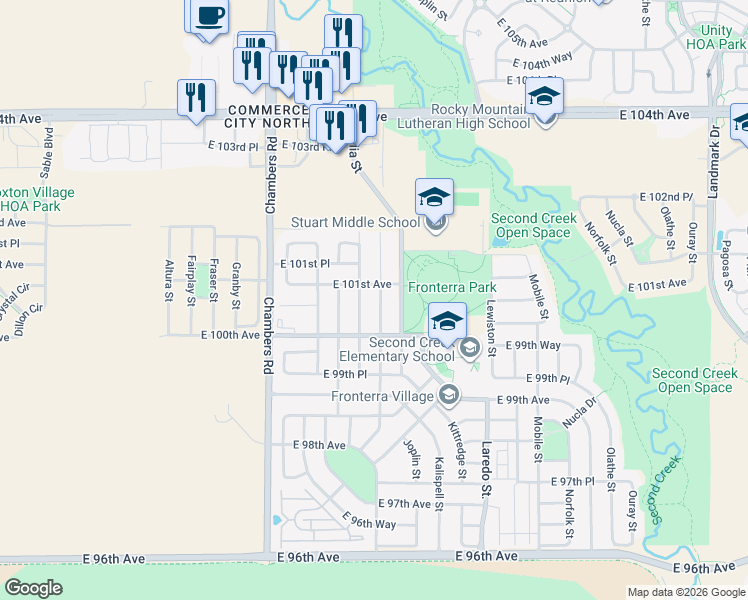 map of restaurants, bars, coffee shops, grocery stores, and more near 10059 Jasper Street in Commerce City