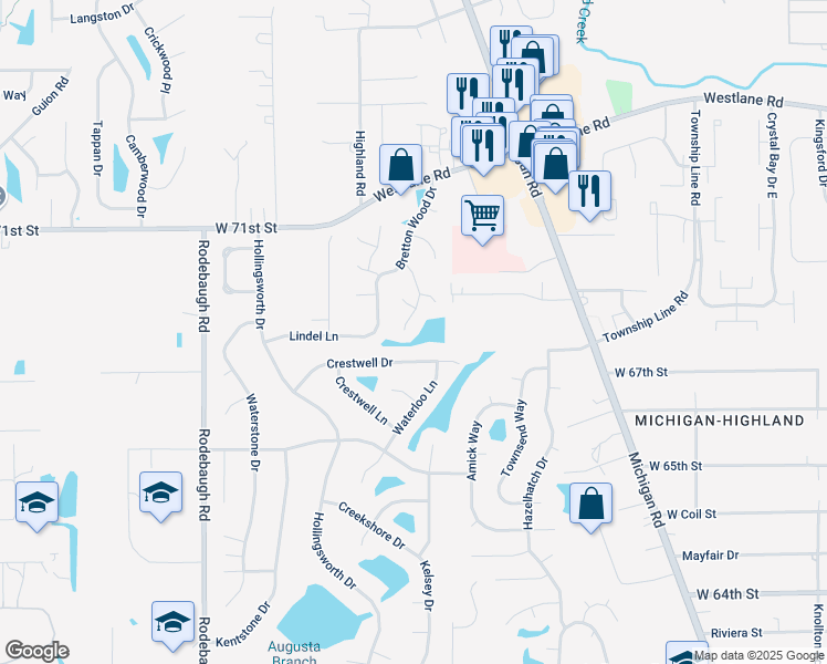 map of restaurants, bars, coffee shops, grocery stores, and more near 6807 Bretton Circle in Indianapolis