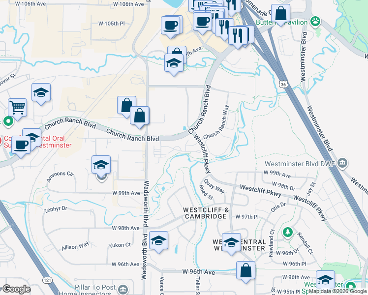map of restaurants, bars, coffee shops, grocery stores, and more near 7402 Church Ranch Boulevard in Westminster