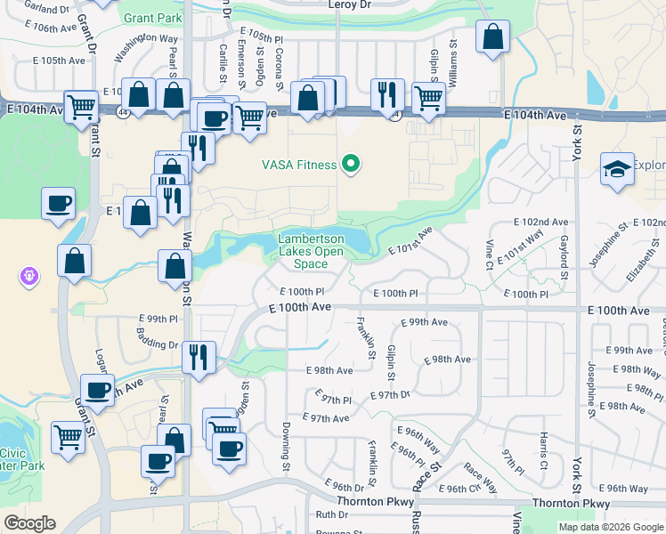 map of restaurants, bars, coffee shops, grocery stores, and more near 1462 East 100th Place in Thornton