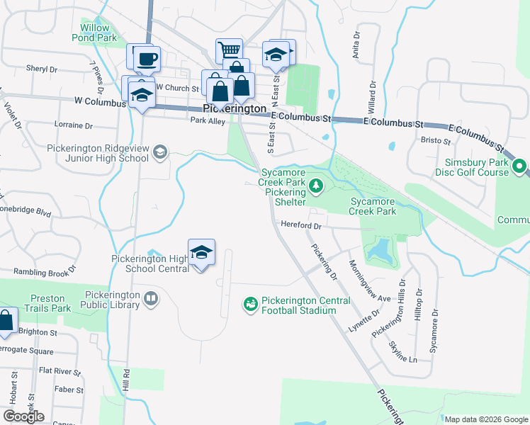 map of restaurants, bars, coffee shops, grocery stores, and more near 255 Lockville Road in Pickerington