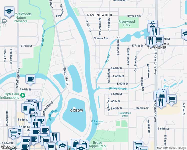 map of restaurants, bars, coffee shops, grocery stores, and more near 6721 Riverfront Avenue in Indianapolis