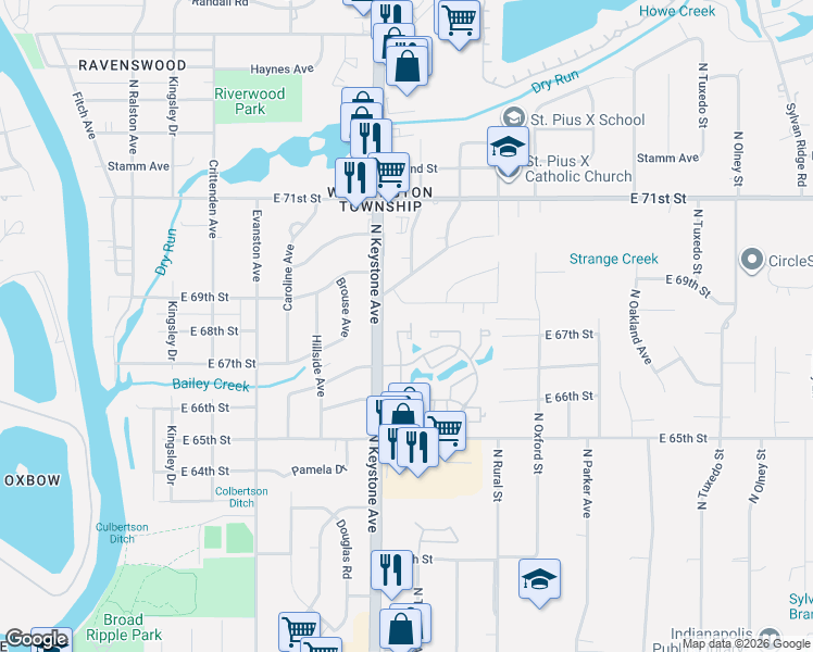 map of restaurants, bars, coffee shops, grocery stores, and more near 6717 Gateshead Lane in Indianapolis
