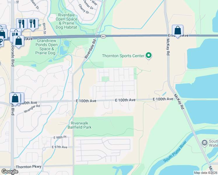 map of restaurants, bars, coffee shops, grocery stores, and more near 5022 East 100th Lane in Thornton