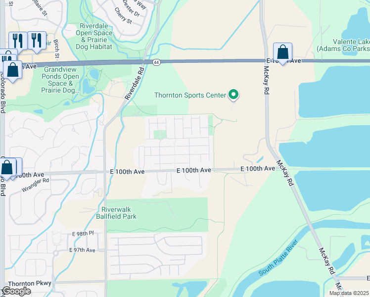 map of restaurants, bars, coffee shops, grocery stores, and more near 5215 East 100th Drive in Thornton