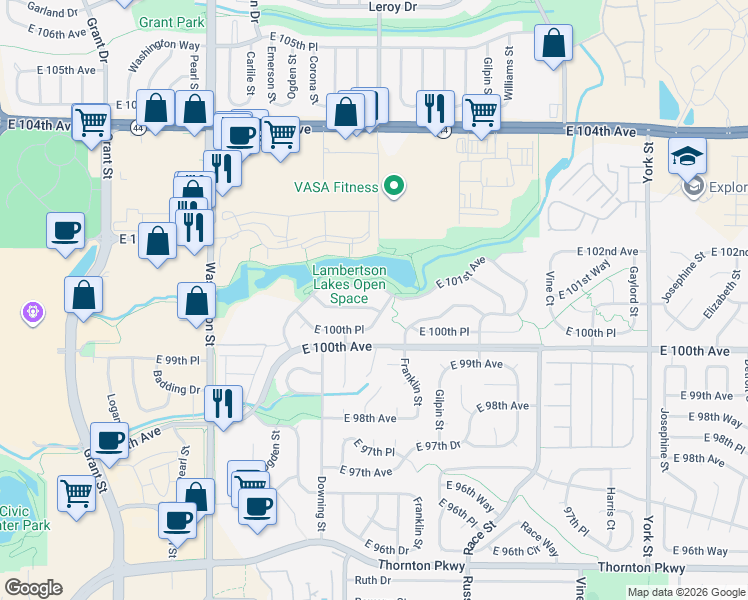 map of restaurants, bars, coffee shops, grocery stores, and more near 1462 East 100th Place in Thornton
