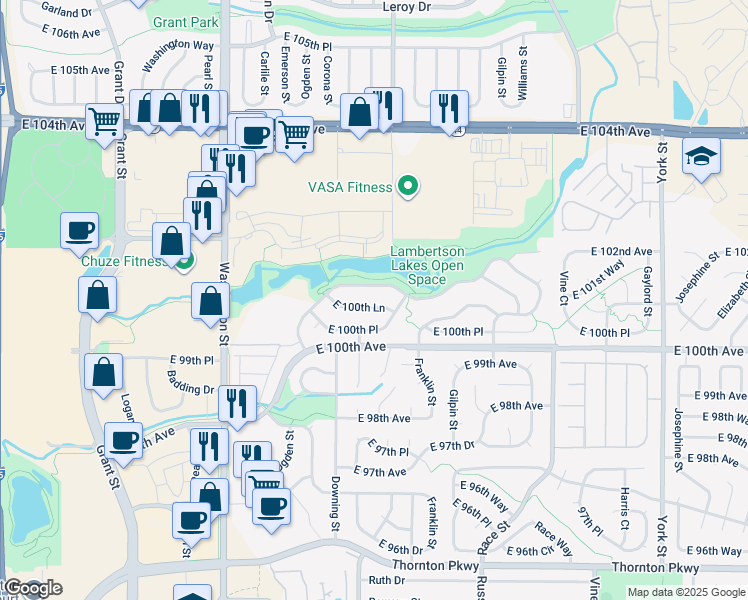 map of restaurants, bars, coffee shops, grocery stores, and more near 1334 East 100th Lane in Thornton